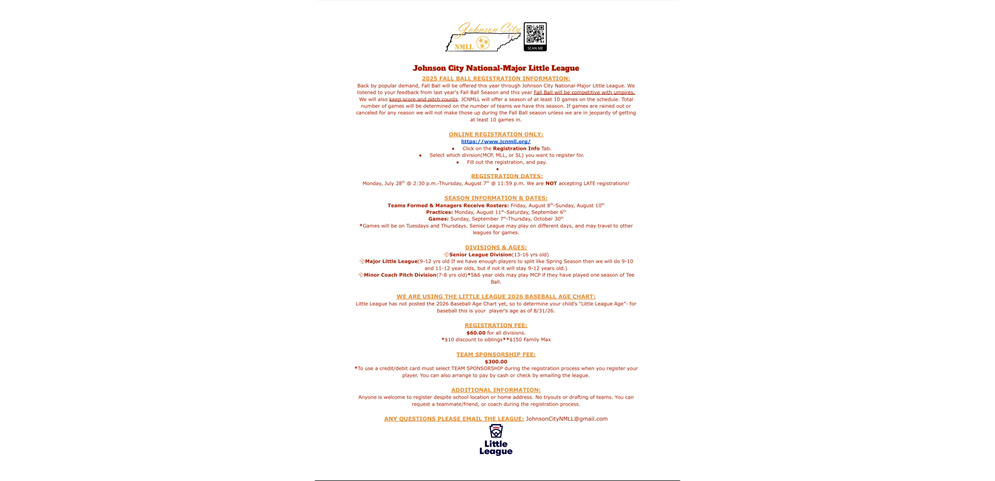 JCNMLL 2025 Fall Ball Info: